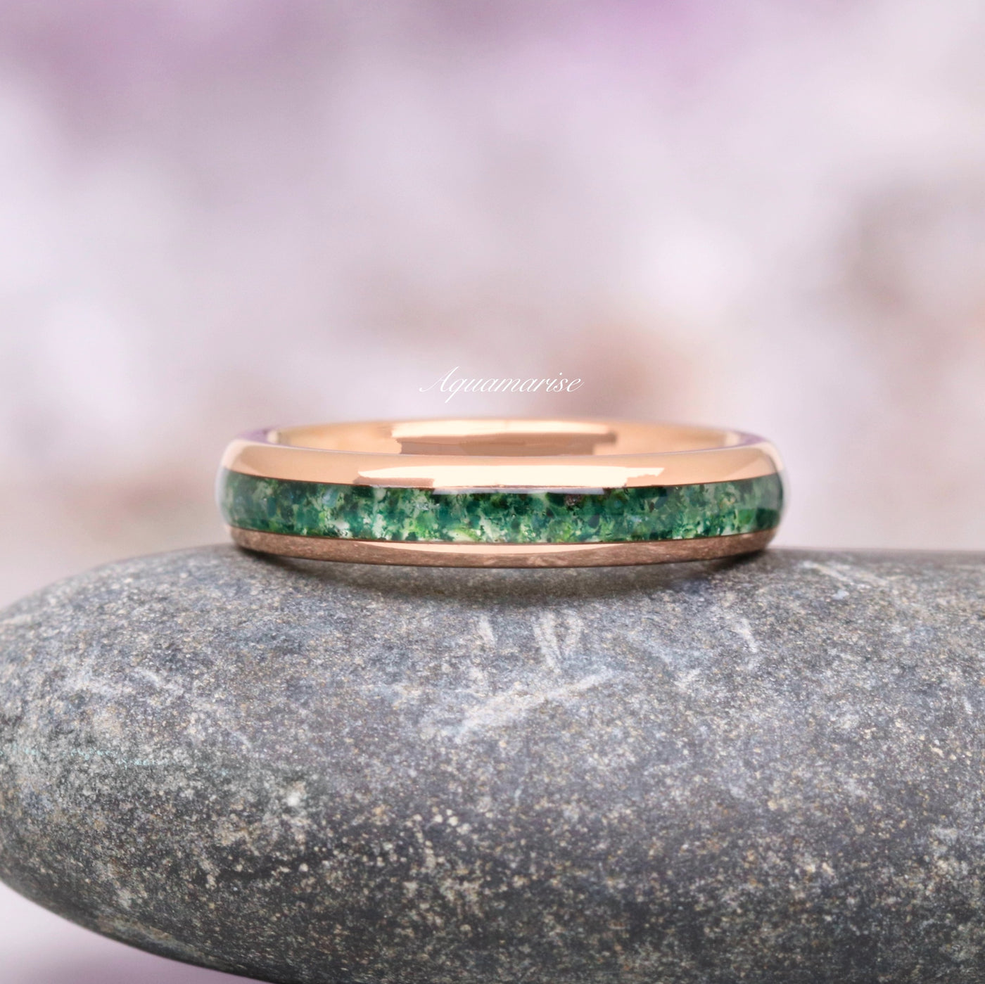 Green Moss Agate Wedding Band- Natural Crushed Agate Rose Gold Tungsten 4 mm Wedding Band Polished- Dome- Comfort Fit Gift For Him/Her