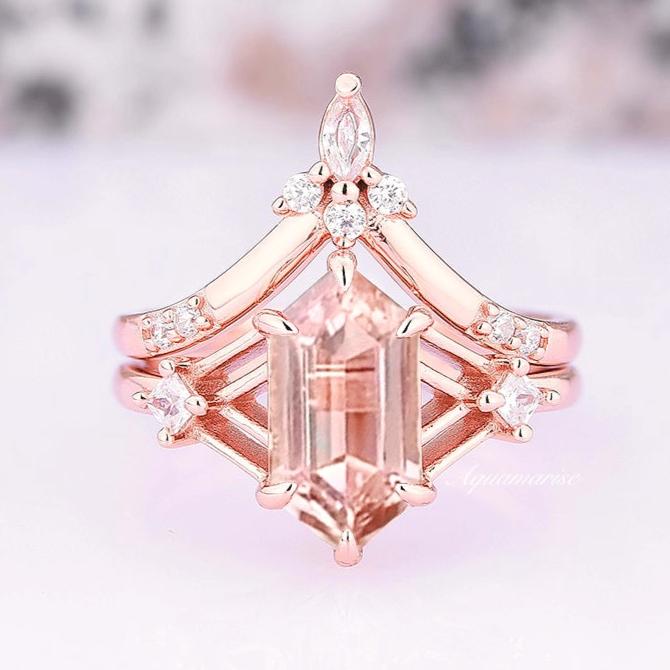 Celtic Hexagon Morganite Ring Set- 14K Solid Rose Gold