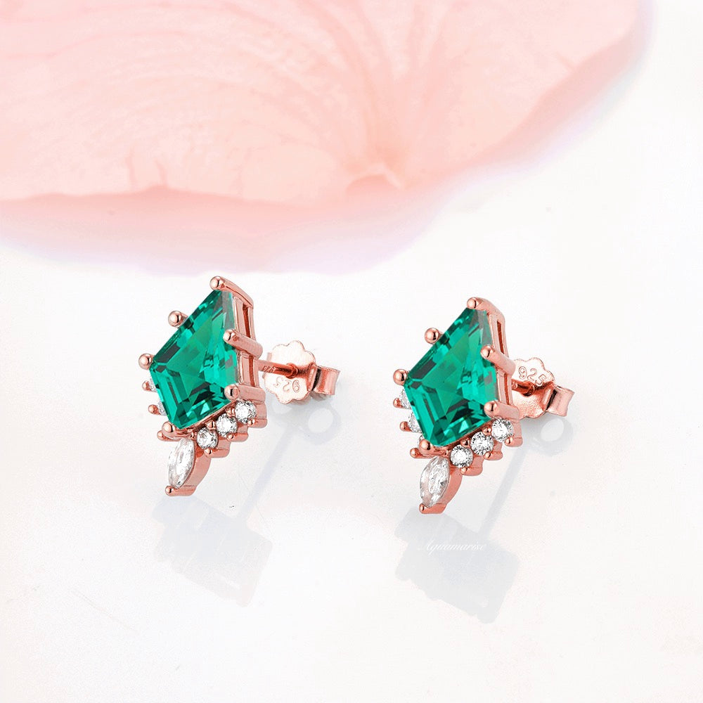 Skye Kite Emerald Earrings For Women 14K Rose Gold Vermeil Dainty Birthstone Stud Earrings Geometric Studs Anniversary Birthday Gift For Her