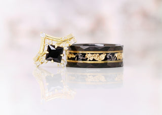 Meteorite & Gold Leaf Wedding Band in Two Tone Black Tungsten (8mm)