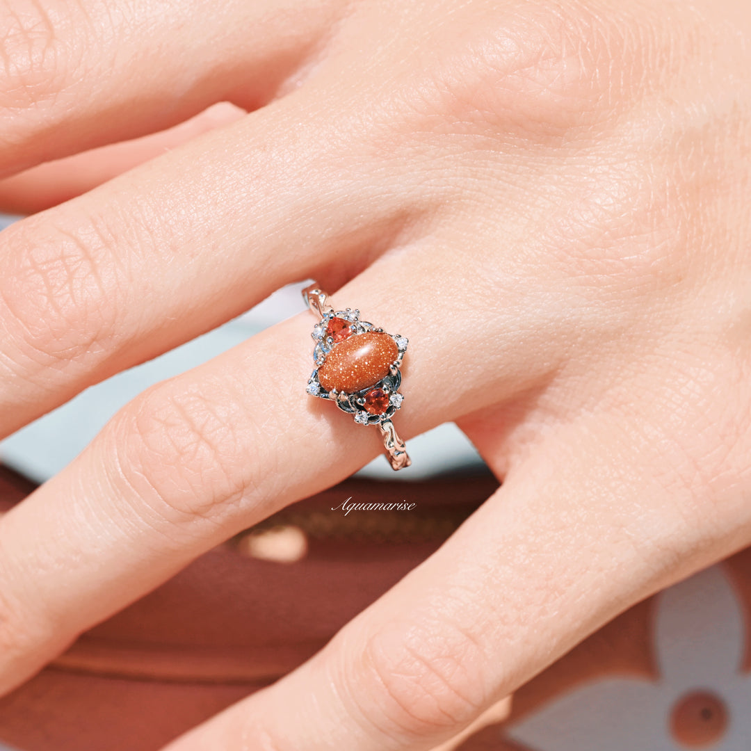 Esme Red Sandstone & Orange Sapphire Ring- 925 Sterling Silver