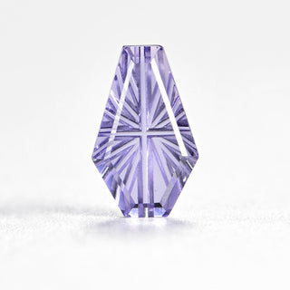 Faelight Cut lab-grown lavender purple sapphire coffin 6 x 10 mm loose gemstone, concave starburst facets, on white