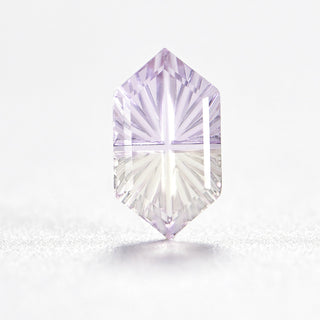 Faelight Cut natural ametrine long hexagon 6 x 10 mm loose gemstone, concave starburst facets, on white