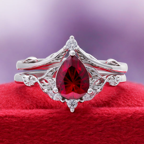 Teardrop Ruby Ring Set | Sterling Silver Leaf Band – Aquamarise