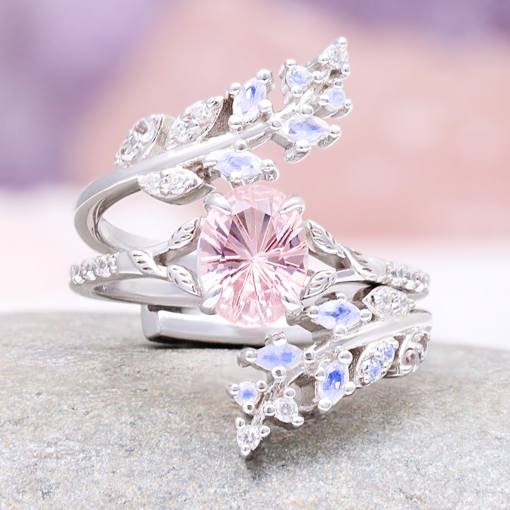 Morganite Engagement Ring Set – Oval Sterling Silver Leaf – Aquamarise