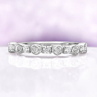 Floral Rose Wedding Band – 14K White Gold Flower Band – Dainty Nature Inspired Stacking Ring