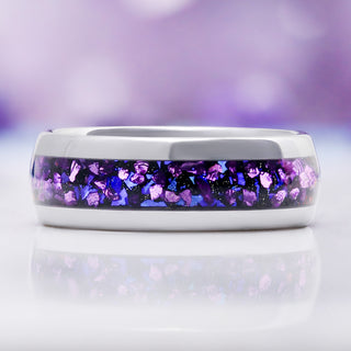 Galaxy Crushed Alexandrite & Fire Opal Wedding Band in Tungsten Carbide (8mm) by Aquamarise, showing the purple and lilac crushed stone inlay.