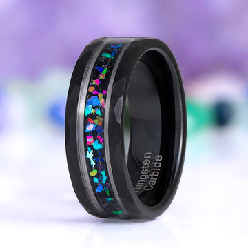 Mystic Topaz & Galaxy Opal Wedding Band in Tungsten Carbide (8mm) by Aquamarise, featuring a textured black band with vibrant multicolor opal inlay for a celestial-inspired men's ring.