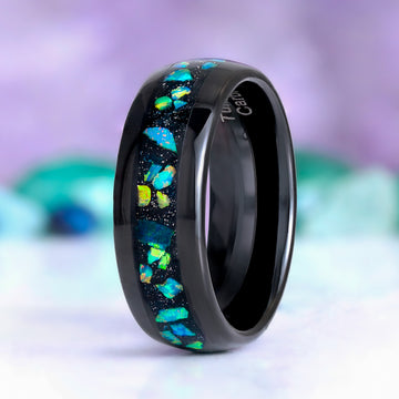Galaxy green and blue fire opal men's wedding band in black tungsten