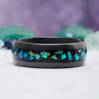Galaxy green blue fire opal men's black tungsten wedding band, 8mm width