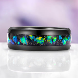 Galaxy Green Fire Opal Wedding Band in Black Tungsten Carbide 