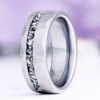 Galaxy meteorite men's wedding band — crushed meteorite inlay in 8mm hammered silver tungsten carbide