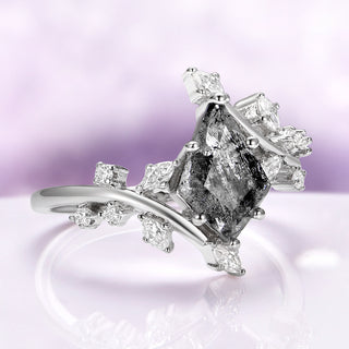 Galaxy Raw Salt & Pepper (Herkimer Diamond) Leaf Ring in Sterling Silver
