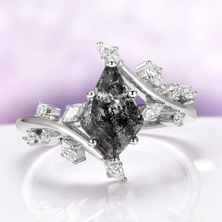 Galaxy Raw Salt & Pepper (Herkimer Diamond) Leaf Ring in Sterling Silver