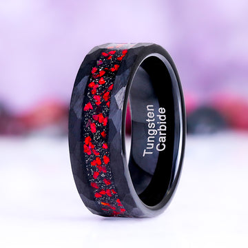 Galaxy Red Fire Opal Hammered Tungsten Couples Ring featuring black hammered tungsten carbide with vibrant red fire opal inlay, designed by Aquamarise for matching couples’ rings and unique gifts.