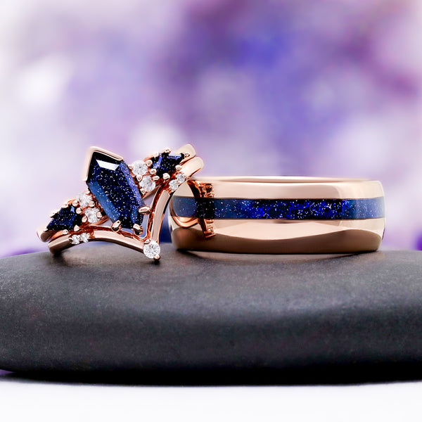 Starry Night Coffin Kite Engagement Ring Set in 14K Solid Rose Gold