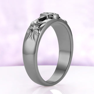 Side profile of the gray moissanite and black onyx band in black ruthenium, showing the dome profile and the low bezel