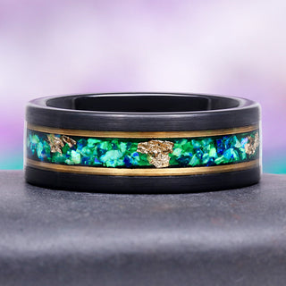 Green Fire Opal & Gold Leaf Wedding Band- 8mm Tungsten