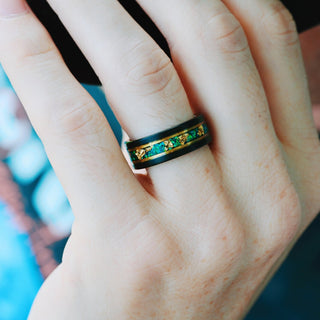 Green Fire Opal & Gold Leaf Wedding Band- 8mm Tungsten