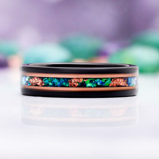 Green Fire Opal Men's Wedding Band in Rose Gold/Black Tungsten (6mm & 8mm)