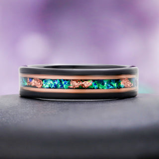 Green Fire Opal Men's Wedding Band in Rose Gold/Black Tungsten (6mm & 8mm)