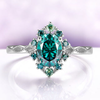 Green Moissanite Vintage Halo Engagement Ring in Sterling Silver