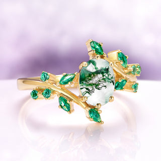 Green Moss Agate & Emerald Leaf Ring in 14K Yellow Gold