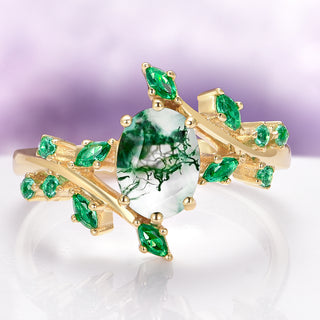Green Moss Agate & Emerald Leaf Ring in 14K Yellow Gold Vermeil