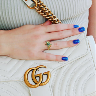 Green Moss Agate & Emerald Leaf Ring in 14K Yellow Gold on a hand gucci