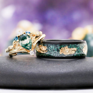 Green Moss Agate Leaf Engagement Ring in 14K Yellow Gold Vermeil