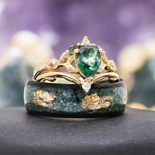 Green Moss Agate Leaf Engagement Ring in 14K Yellow Gold Vermeil
