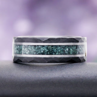 Green moss agate inlay framed by hammered black and silver tungsten in the 8mm men's wedding band