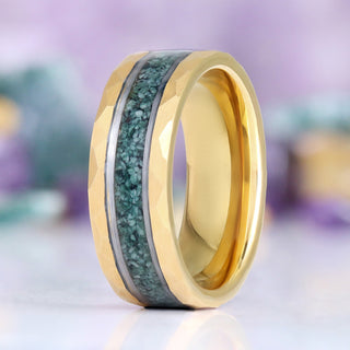 Green Moss Agate Hammered Men's Wedding Band in Gold Tungsten (8mm)