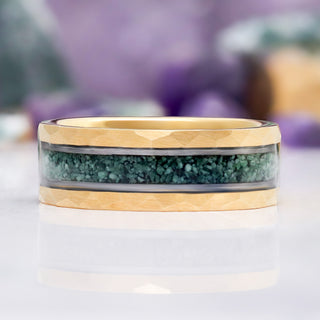 Green Moss Agate Hammered Men's Wedding Band in Gold Tungsten (8mm)