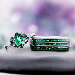 Hexagon emerald and moss agate couples ring set in silver and tungsten