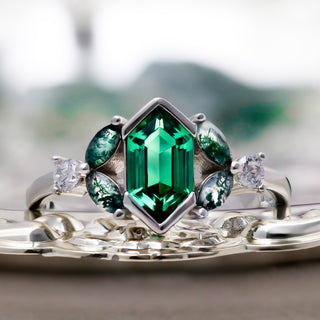 Sterling silver leaf band detail with crushed moss agate inlay