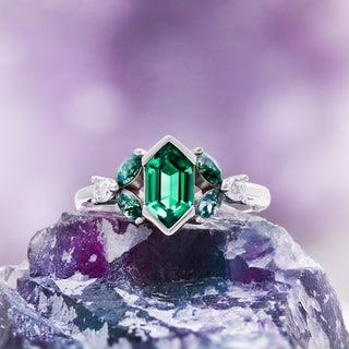 Hexagon emerald and moss agate leaf ring in sterling silver, angled view