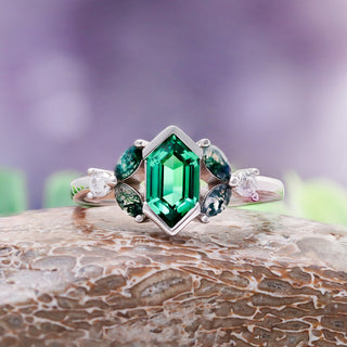 Hexagon emerald moss agate leaf ring worn on hand
