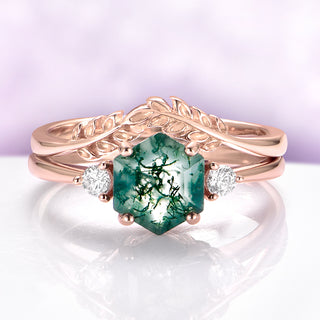 Hexagon Moss Agate & Whiskey Barrel Couples Rings Set featuring a rose gold hexagon moss agate ring with leaf details and complementary bands by Aquamarise in matching couples' rings collection.