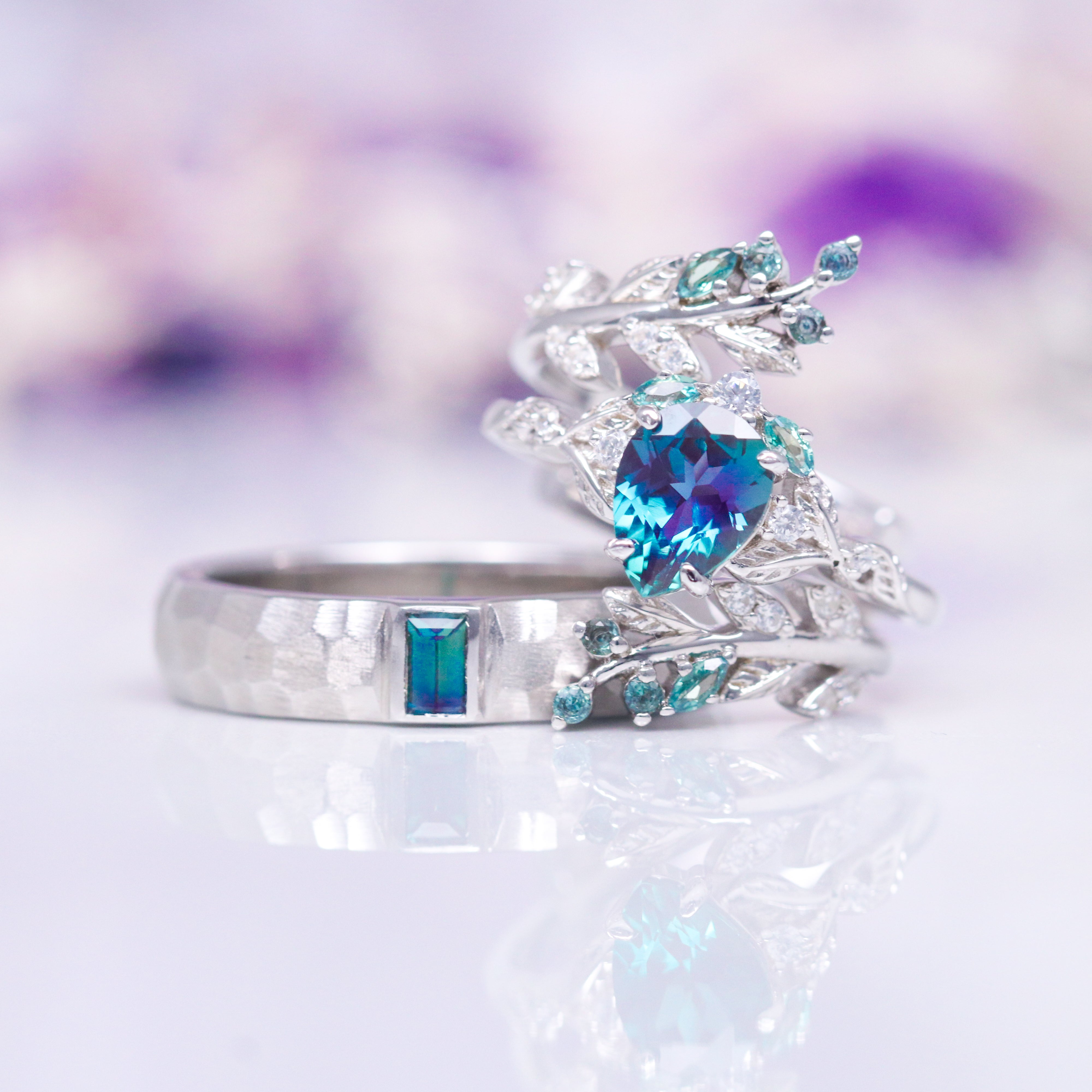 Wisteria Alexandrite Fairy Leaf Ring in Sterling Silver (Two Piece