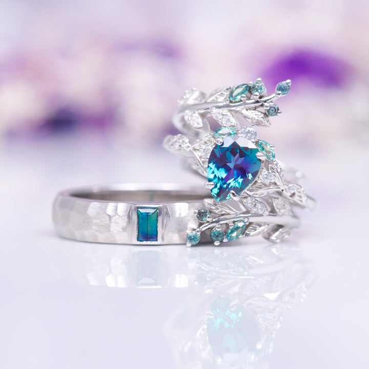 Wisteria Alexandrite Leaf Couples Ring Set