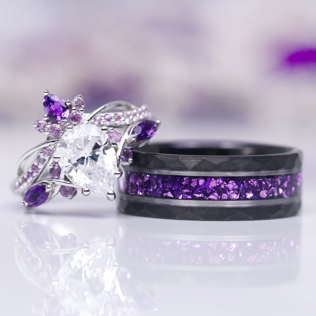 Feyre Natural Amethyst & Diamond (cz) Engagement Ring Set- Sterling Silver