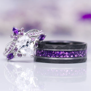 Feyra Amethyst & Moissanite Engagement Ring Set- 14K White Gold