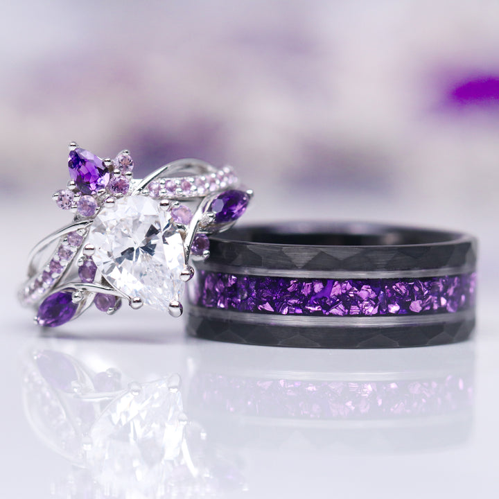 Feyre Amethyst & Moissanite/Diamond Engagement Ring Set- 14K White Gold