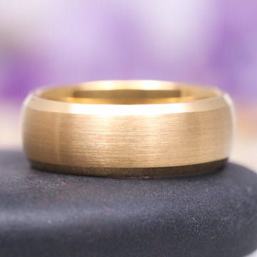 Beveled Edge Satin Wedding Band in 14K Solid Yellow Gold (8MM) by Aquamarise Gold features a smooth, matte satin finish with beveled edges, offering timeless elegance and comfort, part of Solid Gold Engagement Rings and Men’s Wedding Bands collections.