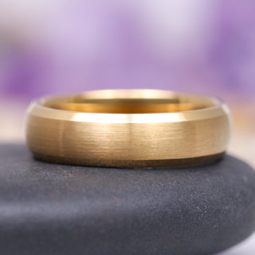 Beveled Edge Satin Wedding Band in 14K Solid Yellow Gold (6MM) by Aquamarise Gold showcases a smooth satin-brushed finish with beveled edges, combining timeless elegance and everyday comfort, perfect for Men’s and Women’s Wedding Bands collections.