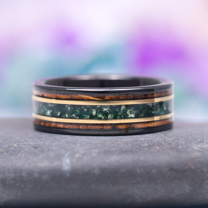 Whiskey Barrel & Moss Agate Wedding Band- 8MM Two Tone Gold/ Black Tungsten