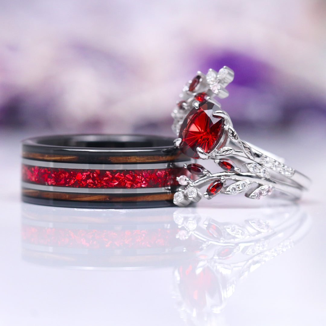 Star Cut Natural Red Garnet Leaf Engagement Ring Set- 14K White Gold