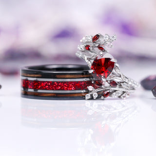 Unique Fireworks Cut Garnet & Whiskey Barrel Couples Ring Set