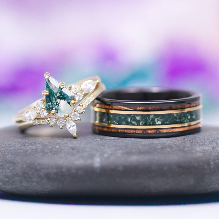 Skye Kite™ Green Moss Agate & Whiskey Barrel Couples Ring